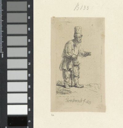 Standing Peasant with High Headgear, Leaning on a Stick by Rembrandt van Rijn