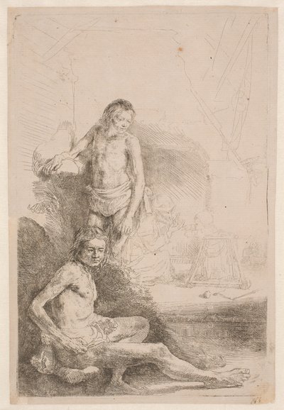Studies from the Nude: One Man Seated and Another Standing with a Woman and Baby in the Background by Rembrandt van Rijn