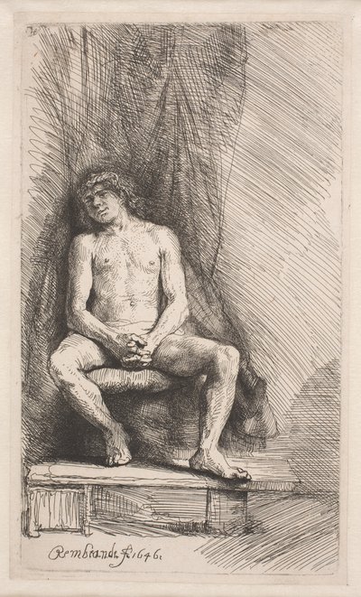 Study from the Nude: Man Seated Before a Curtain by Rembrandt van Rijn
