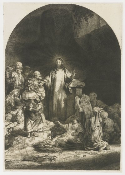 The Hundred Guilder Print: The Central Piece with Christ Preaching, the Plate Arched by Rembrandt van Rijn