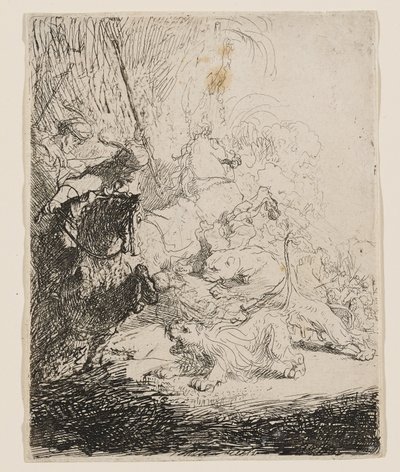 The Small Lion Hunt (with Two Lions) by Rembrandt van Rijn