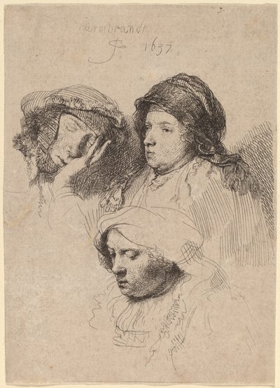 Three Heads of Women, One Asleep by Rembrandt van Rijn