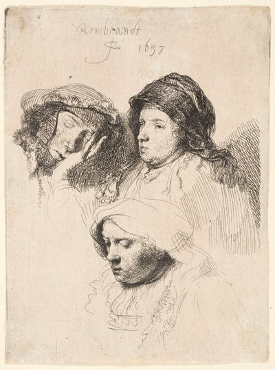 Three Heads of Women, One Asleep by Rembrandt van Rijn