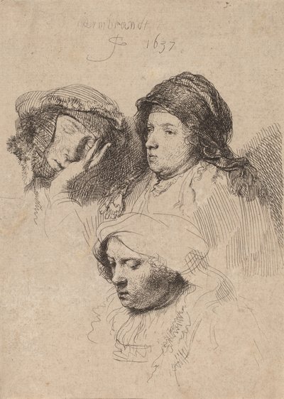 Three Heads of Women, One Asleep by Rembrandt van Rijn