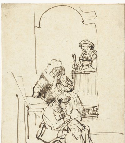 Three Women and a Child by a Door by Rembrandt van Rijn
