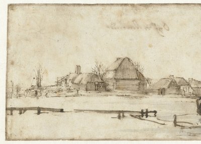 Winter View with a Waterway, Cottages and Two Boats by Rembrandt van Rijn
