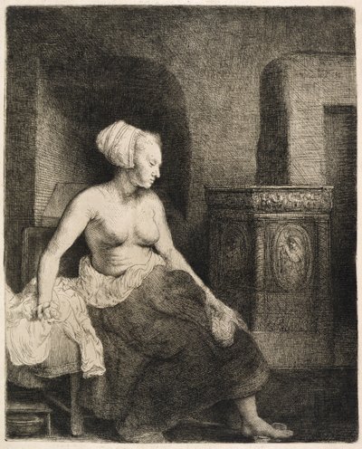 Woman Sitting Half-Dressed Beside a Stove by Rembrandt van Rijn