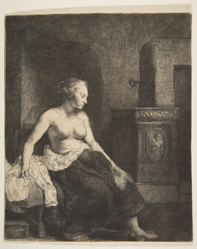 Woman Sitting Half-Dressed beside a Stove by Rembrandt van Rijn