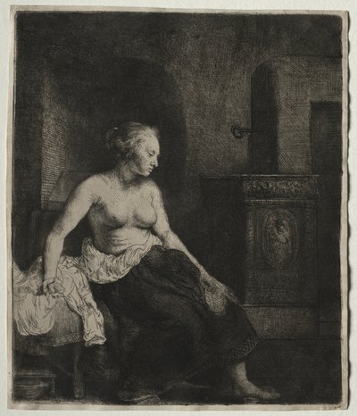 Woman Sitting Half Dressed Beside a Stove by Rembrandt van Rijn