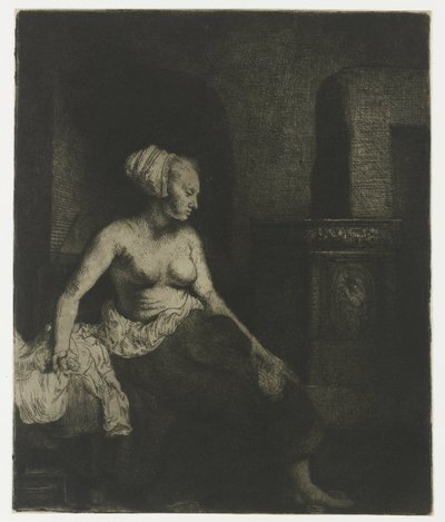 Woman Sitting Half Dressed beside a Stove by Rembrandt van Rijn
