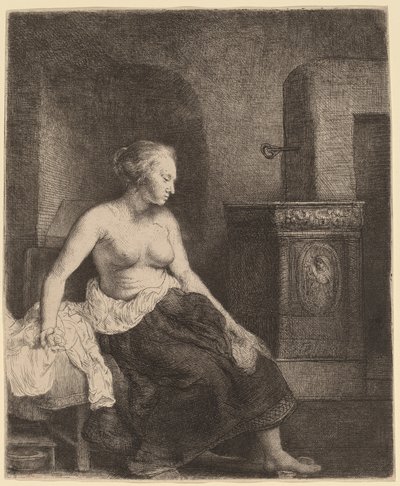 Woman Sitting Half Dressed beside a Stove by Rembrandt van Rijn