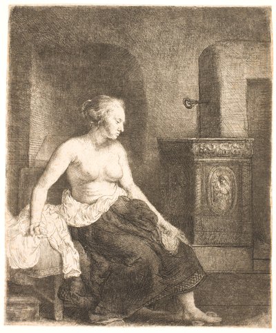 Woman Sitting Half Dressed Beside a Stove by Rembrandt van Rijn
