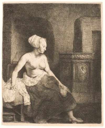Woman Sitting Half Dressed Beside a Stove by Rembrandt van Rijn