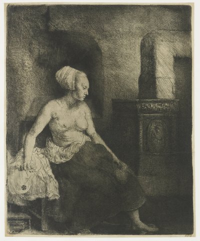 Woman sitting half dressed beside a stove by Rembrandt van Rijn