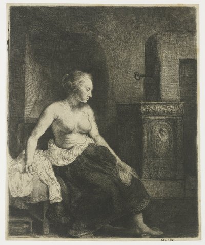 Woman sitting half dressed beside a stove by Rembrandt van Rijn