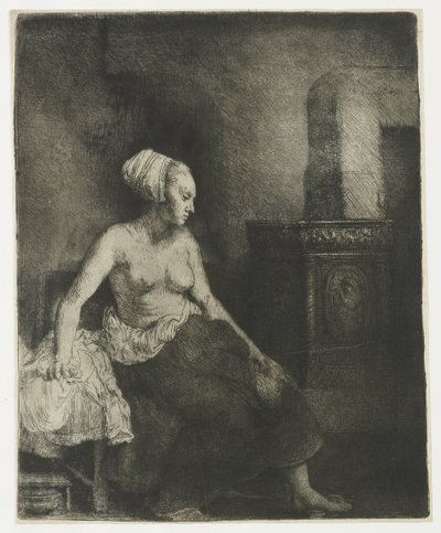 Woman Sitting Half Dressed Beside a Stove by Rembrandt van Rijn