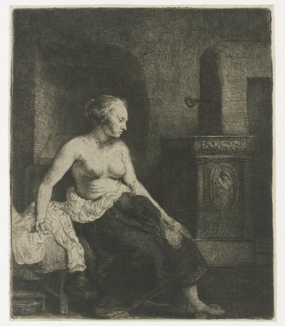 Woman sitting half dressed beside a stove by Rembrandt van Rijn