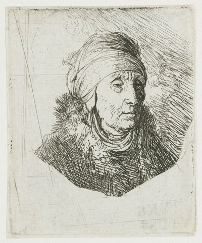 Woman with a High Headdress Wrapped Around the Chin: Bust by Rembrandt van Rijn