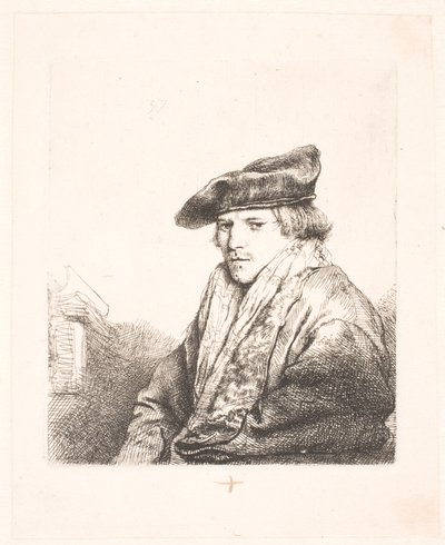Young Man in a Velvet Cap with Books Beside Him by Rembrandt van Rijn