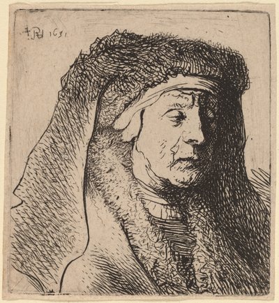 Bust of an Old Woman in a Furred Cloak and Heavy Headdress by Rembrandt van Rijn and Studio of Rembrandt