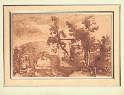 A Mountainous Landscape with a Bridge Over a River, Figures on a Road by a Farmstead to the Right by Remigio Cantagallina