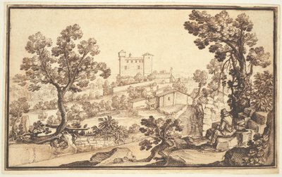 Landscape with a Man Resting, Farm Houses, and a Castle by Remigio Cantagallina
