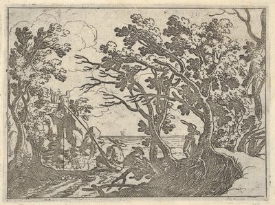 Landscape with onshore fisherman and male onlooker under trees, a man in a boat bow by Remigio Cantagallina