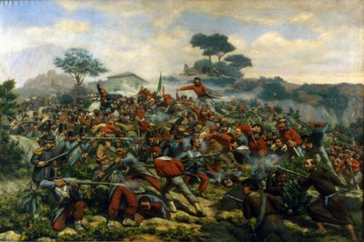 Risorgimento: the battle of Calatafimi in Sicily between the troops of Giuseppe Garibaldi (1807-1882), the Thousand and the army of the Kingdom of the two Sicilies by Remigio Legat