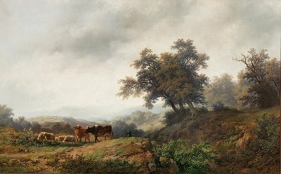 Open Landscape with Cows and Herdsman by Remigius Adrianus Haanen