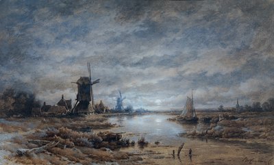 Moonlit Night (Canal Landscape with Windmills and Ships) by Remigius Adrianus van Haanen