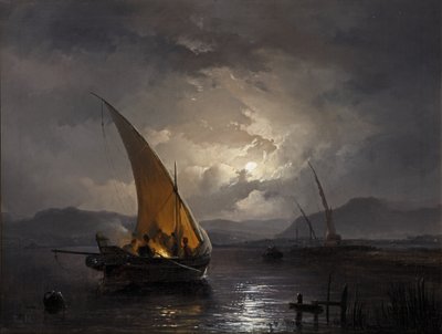 A night landscape with a sailboat where a fire is being lit, after 1860 by Remigius van Haanen