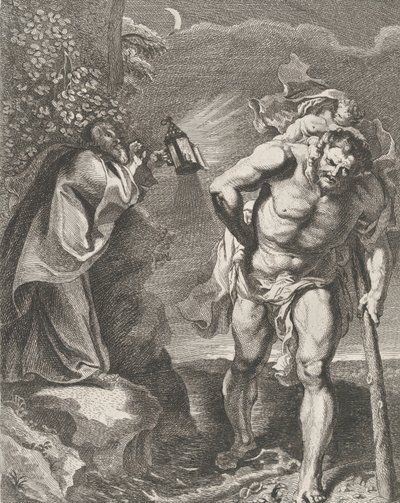 Saint Christopher carrying the Christ child across a stream, another man holding a staff by Remoldus Eynhoudts