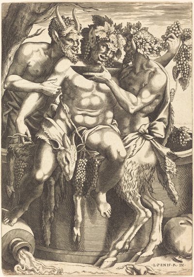 Two Satyrs Giving Drink to Bacchus by René Boyvin after Luca Penni