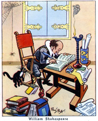 Shakespeare writing Hamlet, 1936 by René Bull