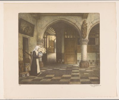 Nun in a Cloister Hall with a Flower Vase by René Janssens (signed by artist)