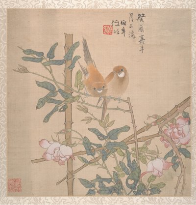 Two Birds Perched on a Flowering Rose Bush by Ren Yi