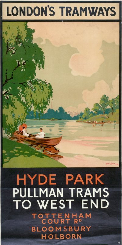Hyde Park, Pullman Trams to West End, London County Council LCC Tramways poster, 1930 by Rene Blair