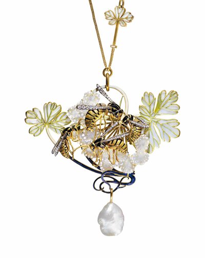 An Art Nouveau Enamel, Diamond and Pearl Pendant Necklace by Rene Jules Lalique