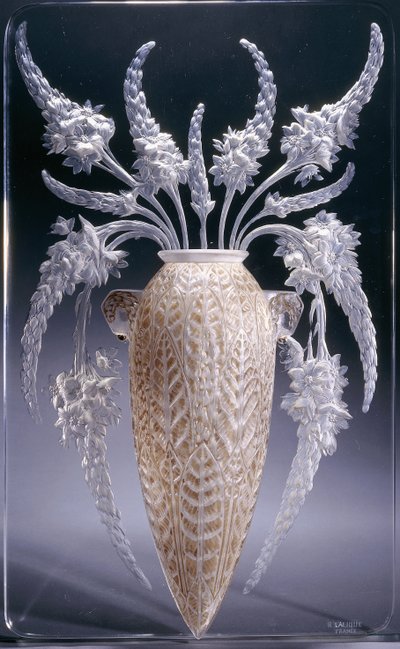 Vase Veronique; one of a pair of moulded glass appliques by Rene Jules Lalique