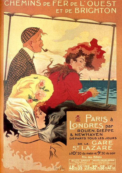 Advert Poster by Rene Pean for West and Brighton Railway Company for Paris London Line via Rouen, Dieppe and Newhaven by Rene Pean