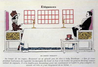 A representation of Beau Brummell (George Bryan Brummell) (1778-1840) at table in front of Lady Stanhope, he gave birth to the expression 