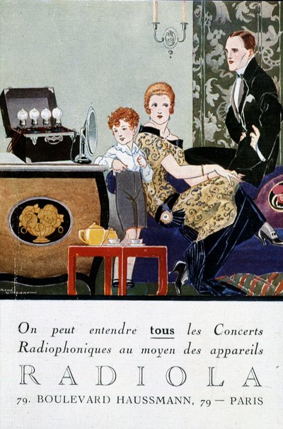 Radio Radio Radio Advertising Postcard (TSF): All radio concerts can be heard using Radiola devices. sd. circa 1919. Illustration by Rene Vincent, aka Rene Mael by Rene Vincent