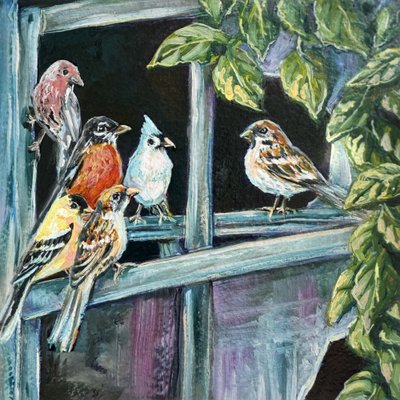 Colorful Birds Window Perch by Renee Machan Cottagecore Artist