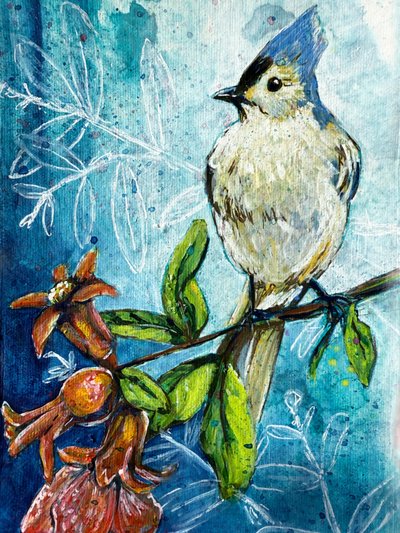 Tufted Titmouse Pomegranate by Renee Machan Cottagecore Artist