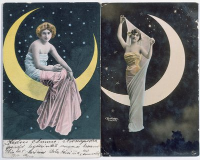 Hungarian and French postcards depicting a woman and a crescent moon (c.1910) by Reutlinger Studio