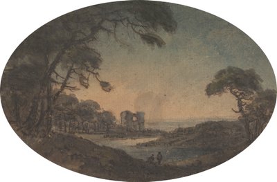 Landscape with Two Men and a Castle Ruin on the Riverbank by Rev. William Gilpin