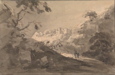 Two Figures on a Road with Castle in Center Distance by Rev. William Gilpin