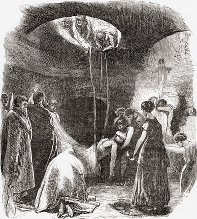 An early Christian burial in The Catacombs of Rome, Italy. From Italian Pictures by Rev. Samuel Manning, published c.1890. by Reverend Samuel Manning