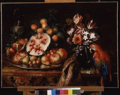 Still Life with Red Parrot and Fruit by Reynaud Levieux