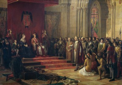 Christopher Columbus received by the Catholic kings in Barcelona on his return from his first trip to the Americas, painting of 1874 by Ricardo Balaca by Ricardo Balaca y Canseco